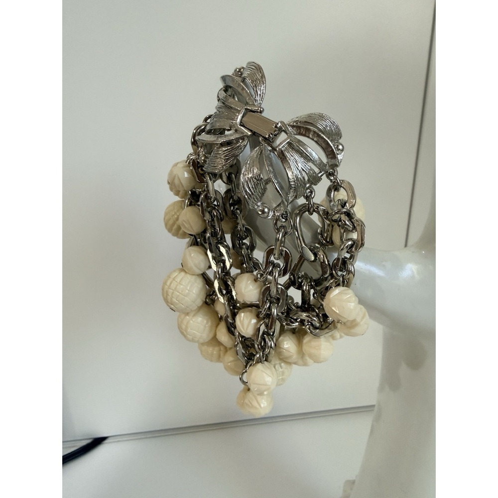 Vintage‎ Yochi NY Bow Charm Bracelet Strands Silver Tone Cream Ball Charms